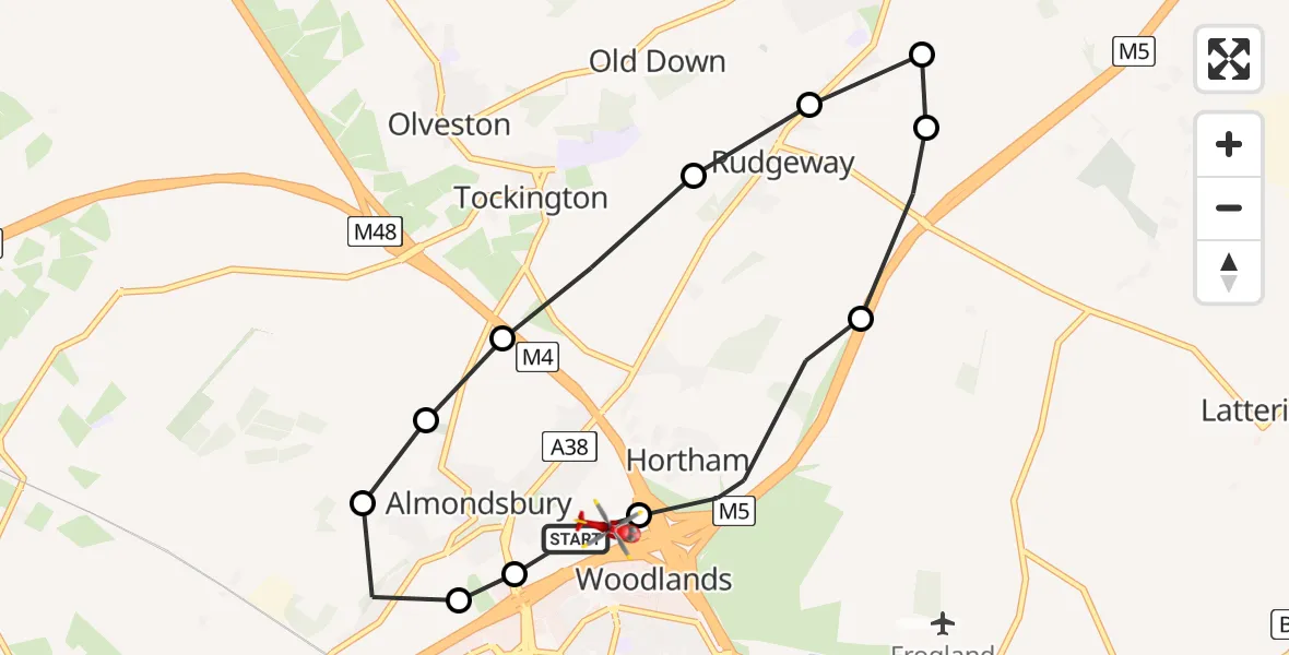 Flight route Air Ambulance Helicopter Almondsbury Helicopter Base - Almondsbury Helicopter Base, 07 June 2026, 07:50