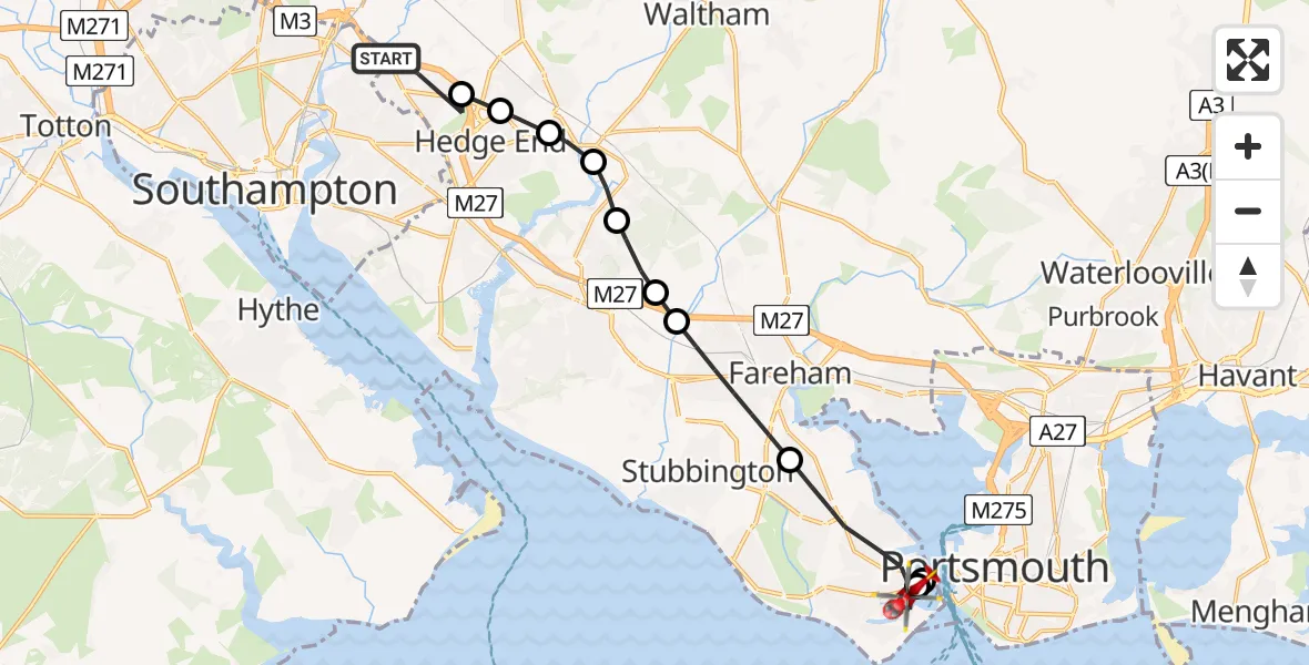 Flight route Air Ambulance Helicopter Eastleigh - Gosport, 07 June 2026, 07:58