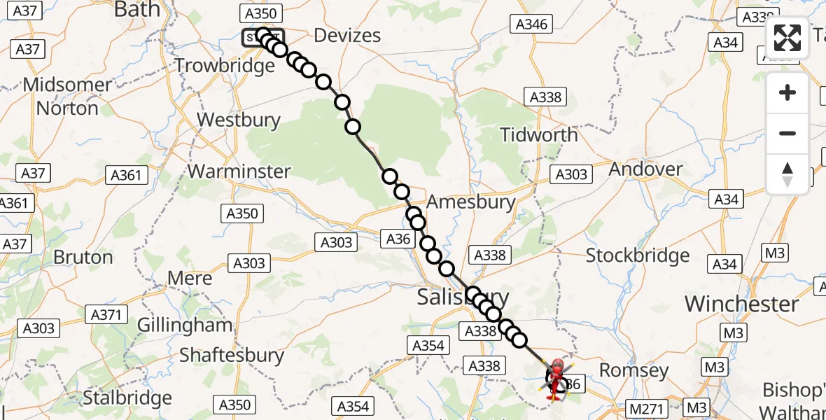 Flight route Air Ambulance Helicopter Wiltshire Air Ambulance - Landford, 07 June 2026, 08:08