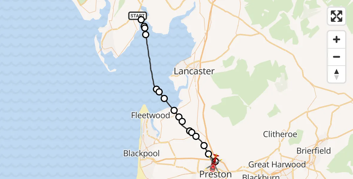 Flight route Air Ambulance Helicopter Ulverston - Royal Preston, 07 June 2026, 08:32