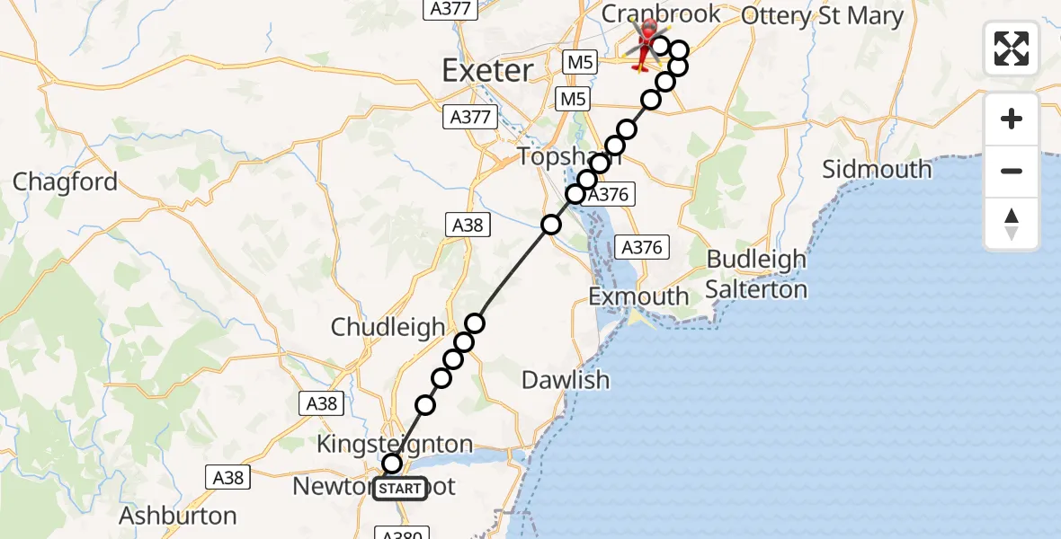 Flight route Air Ambulance Helicopter Newton Abbot - Exeter International Airport, 07 June 2026, 08:34