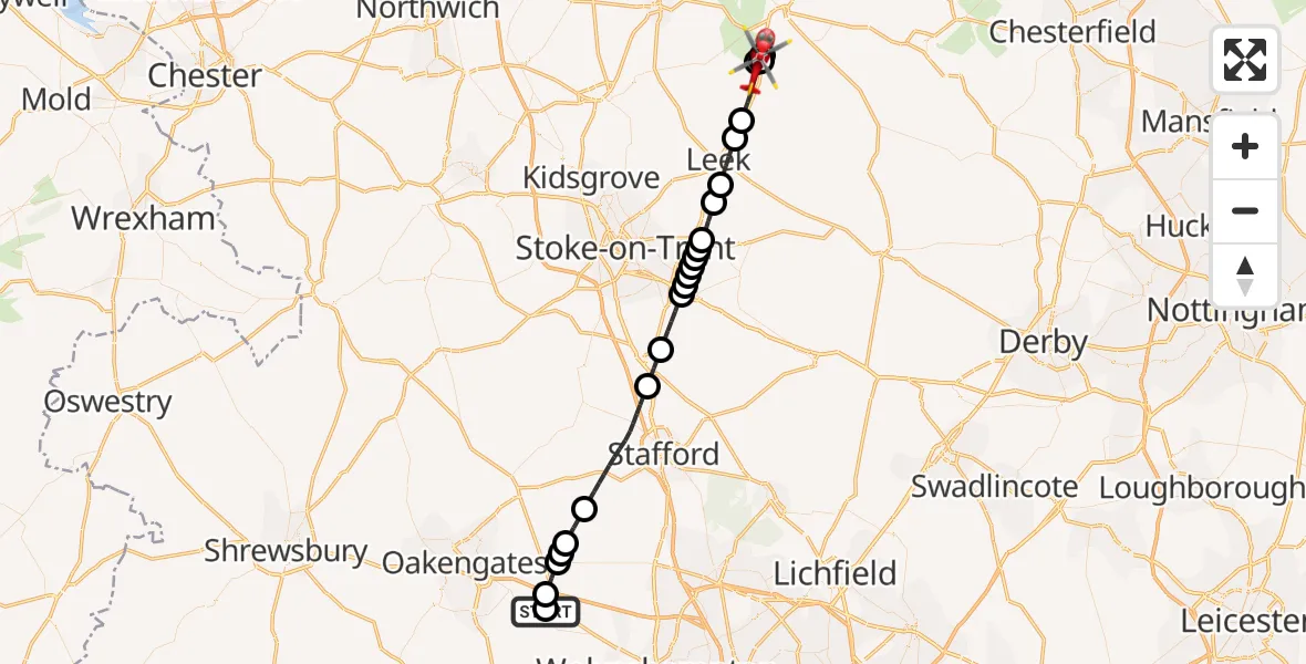 Flight route Air Ambulance Helicopter RAF Cosford - Flash, 07 June 2026, 08:38