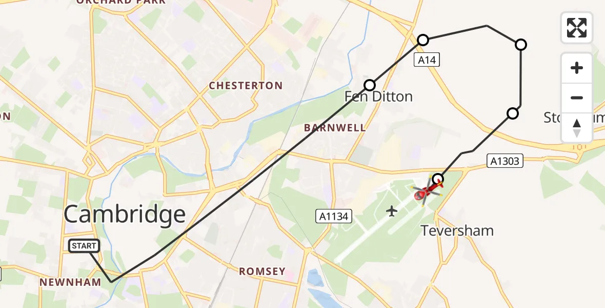 Flight route Air Ambulance Helicopter Cambridge - Cambridge City Airport, 07 June 2026, 08:50