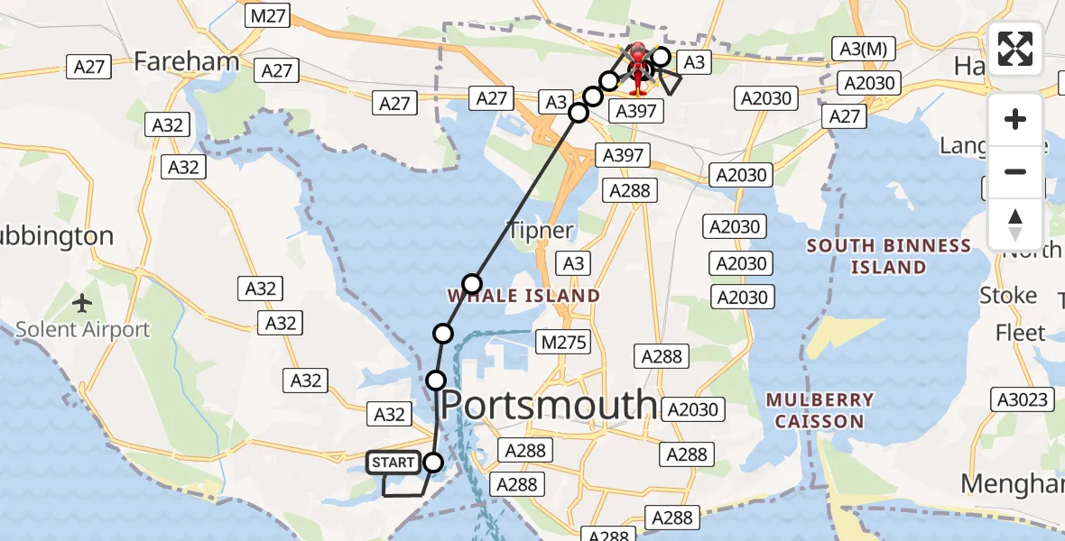 Flight route Air Ambulance Helicopter Gosport - Queen Alexandra Hospital, 07 June 2026, 08:54