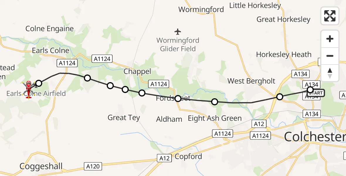 Flight route Air Ambulance Helicopter Colchester Hospital - Earls Colne Airfield, 07 June 2026, 09:14