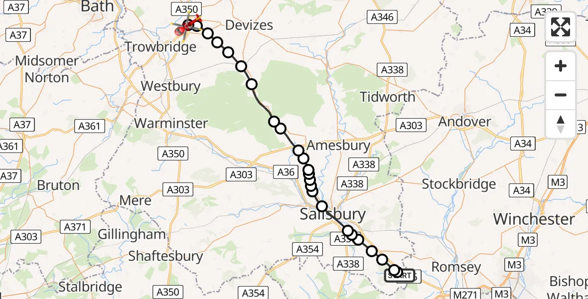 Flight route Air Ambulance Helicopter Landford - Wiltshire Air Ambulance, 07 June 2026, 09:36