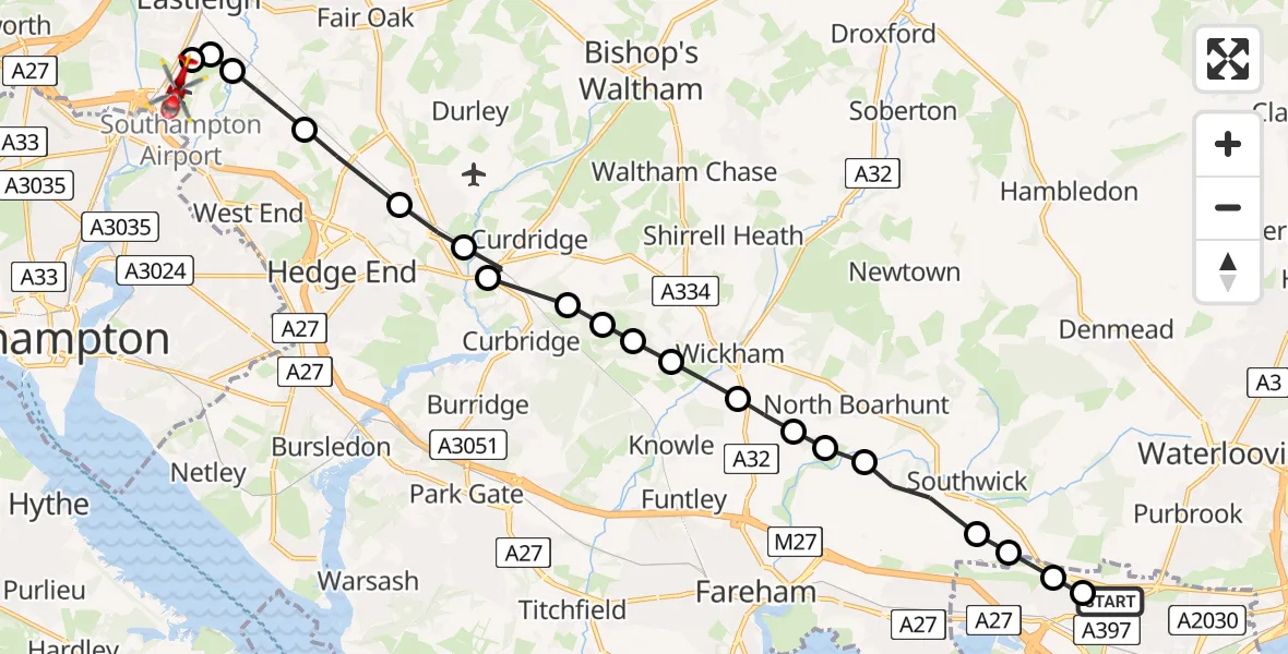 Flight route Air Ambulance Helicopter Queen Alexandra Hospital - Southampton Airport, 07 June 2026, 09:37