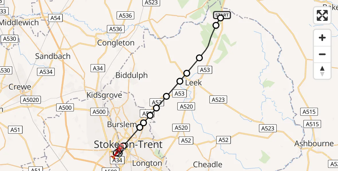 Flight route Air Ambulance Helicopter Flash - Stoke, 07 June 2026, 09:38
