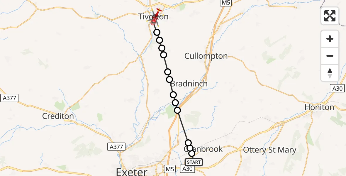 Flight route Air Ambulance Helicopter Exeter International Airport - Tiverton, 07 June 2026, 09:51