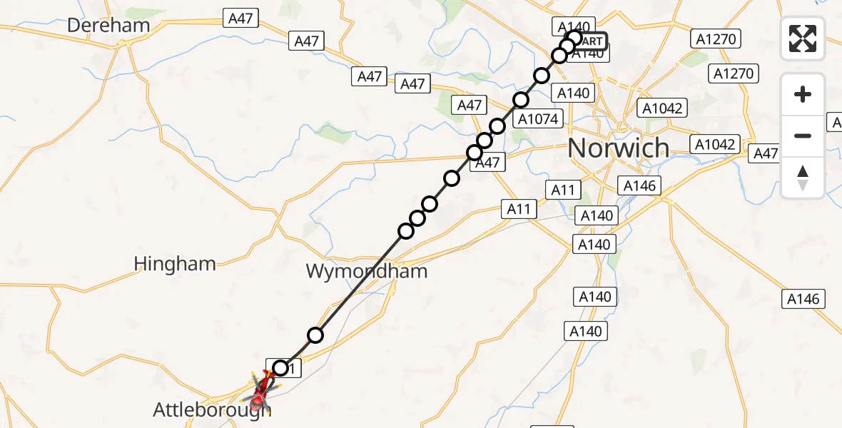 Flight route Air Ambulance Helicopter Norwich Airport - Besthorpe, 07 June 2026, 09:52