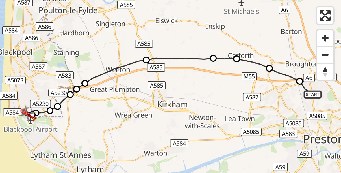 Flight route Air Ambulance Helicopter Preston - Blackpool Airport, 07 June 2026, 09:59