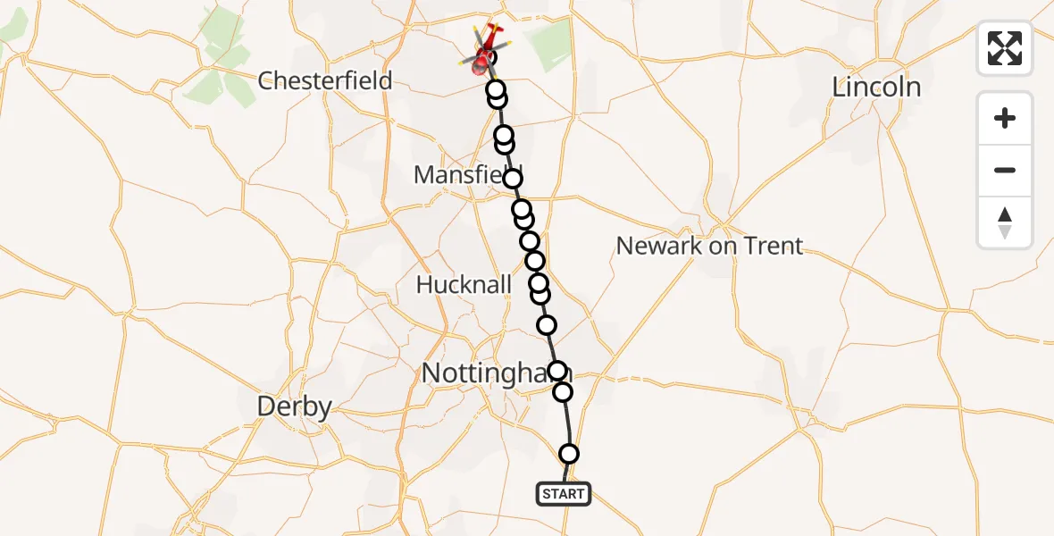 Flight route Air Ambulance Helicopter Widmerpool - Holbeck, 07 June 2026, 10:13