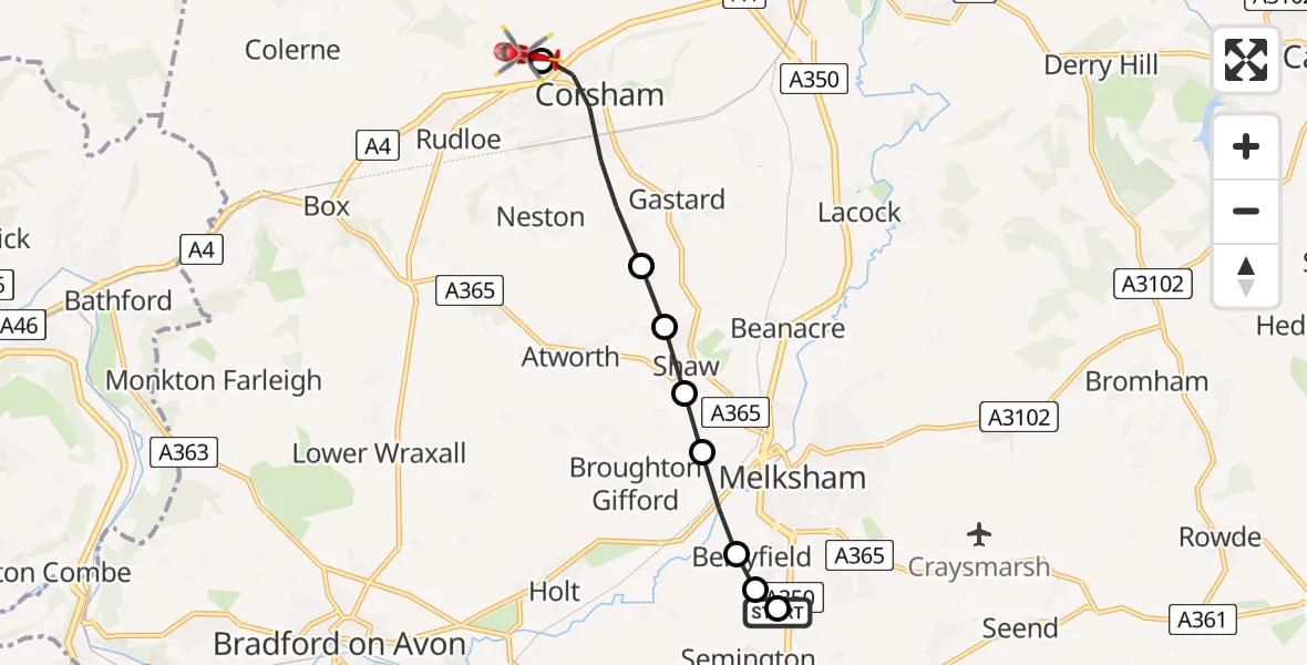 Flight route Air Ambulance Helicopter Wiltshire Air Ambulance - Biddestone, 07 June 2026, 10:27