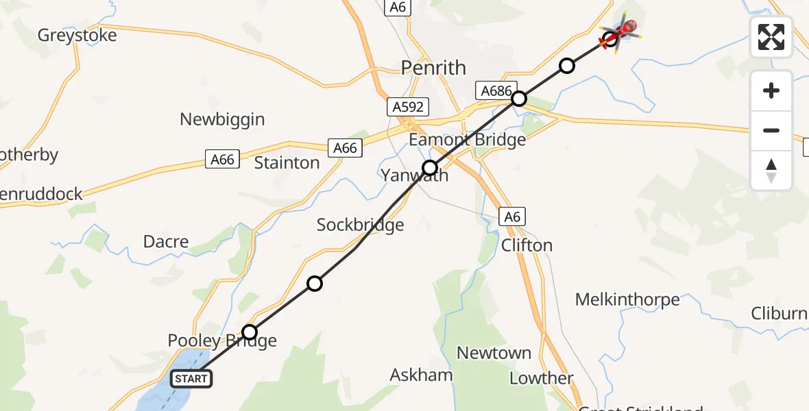 Flight route Air Ambulance Helicopter Ullswater - Penrith, 07 June 2026, 10:35