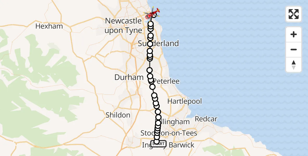 Flight route Air Ambulance Helicopter Egglescliffe - Tynemouth, 07 June 2026, 10:36