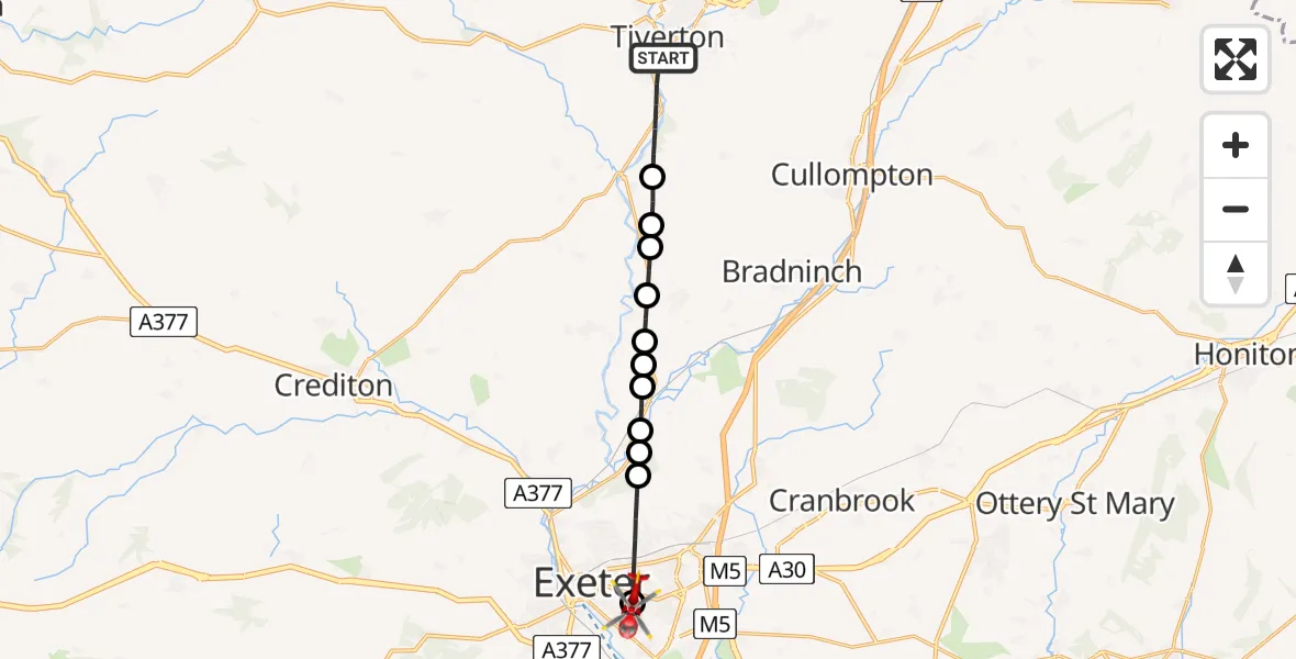Flight route Air Ambulance Helicopter Tiverton - Royal Devon & Exeter Hospital, 07 June 2026, 10:47