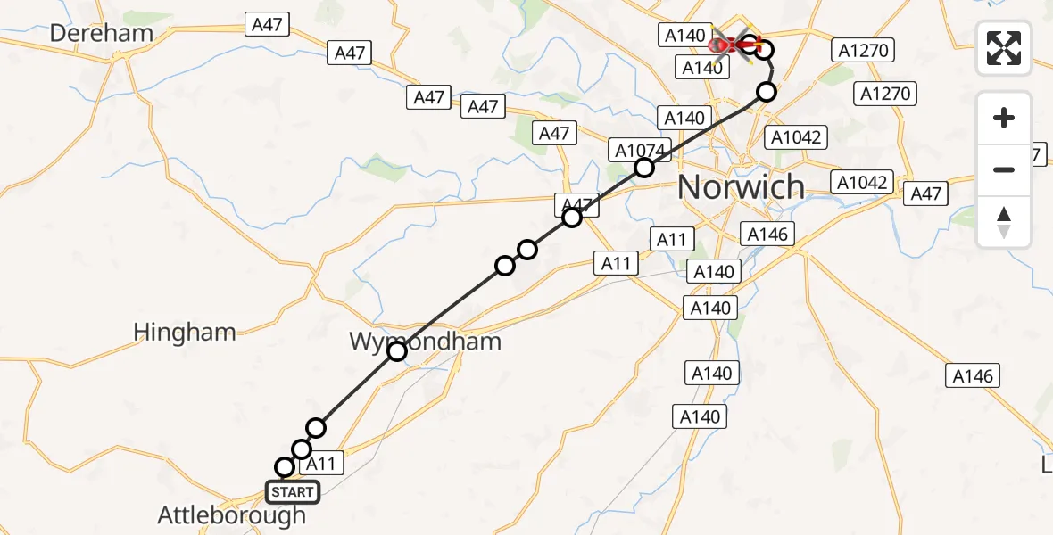 Flight route Air Ambulance Helicopter Besthorpe - Norwich Airport, 07 June 2026, 10:57