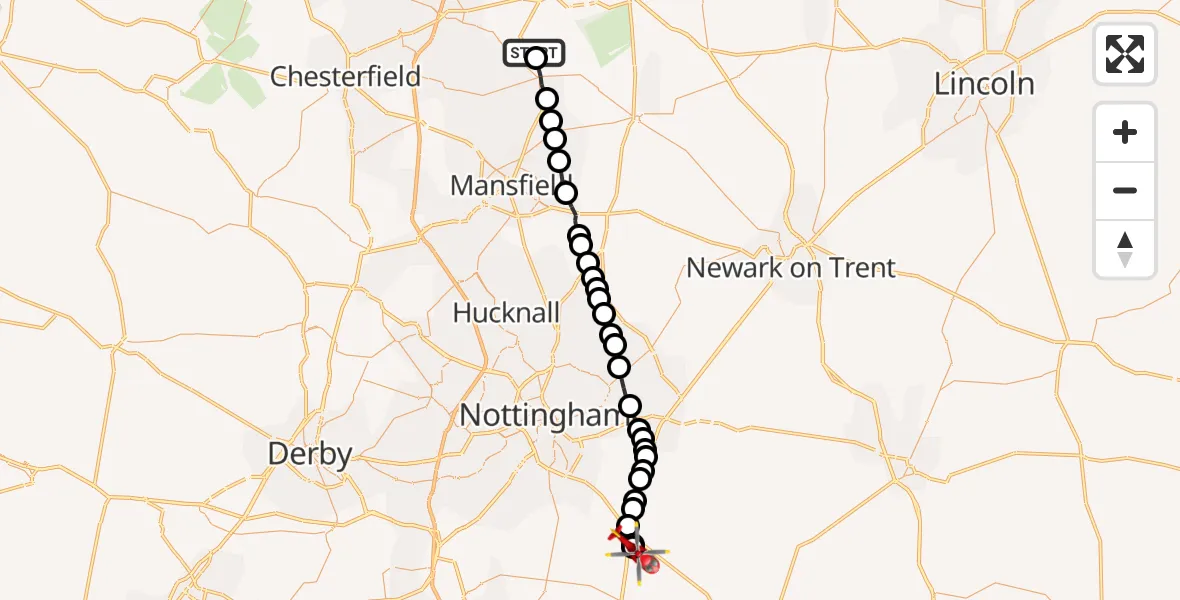 Flight route Air Ambulance Helicopter Bassetlaw - Nottingham Heliport, 07 June 2026, 11:07