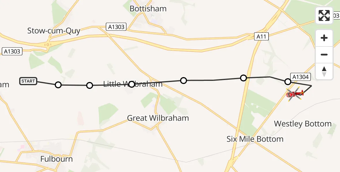Flight route Air Ambulance Helicopter South Cambridgeshire - Burrough Green, 07 June 2026, 11:08