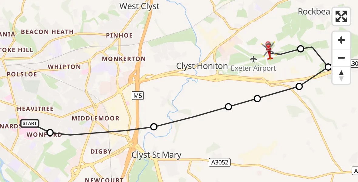 Flight route Air Ambulance Helicopter Royal Devon & Exeter Hospital - Exeter International Airport, 07 June 2026, 11:25