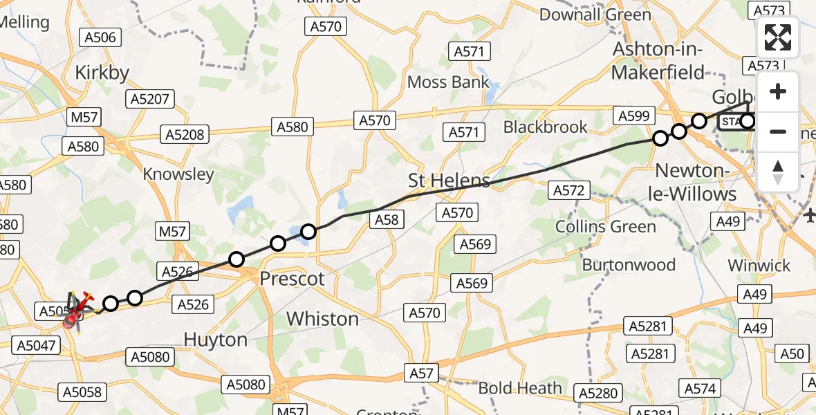 Flight route Air Ambulance Helicopter Newton-le-Willows - Knotty Ash, 07 June 2026, 11:25