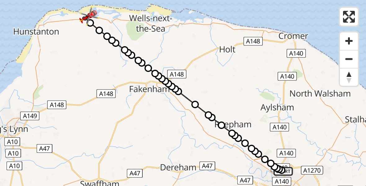 Flight route Air Ambulance Helicopter Norwich Airport - Brancaster, 07 June 2026, 11:33
