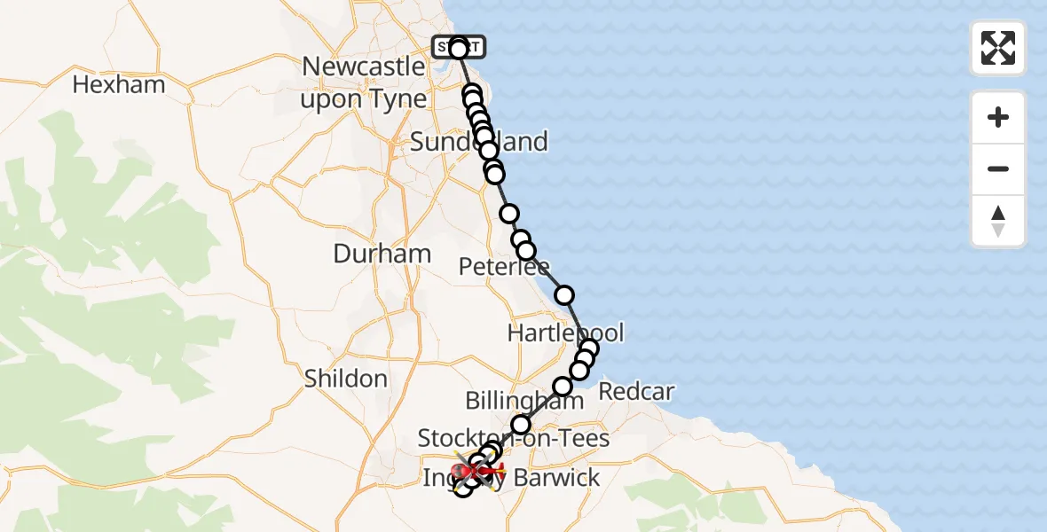 Flight route Air Ambulance Helicopter Tynemouth - Egglescliffe, 07 June 2026, 11:34