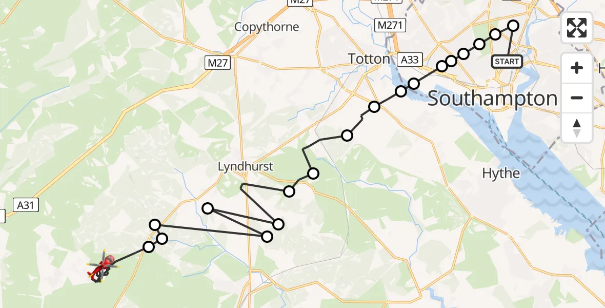 Flight route Air Ambulance Helicopter Newtown - Burley, 07 June 2026, 11:38