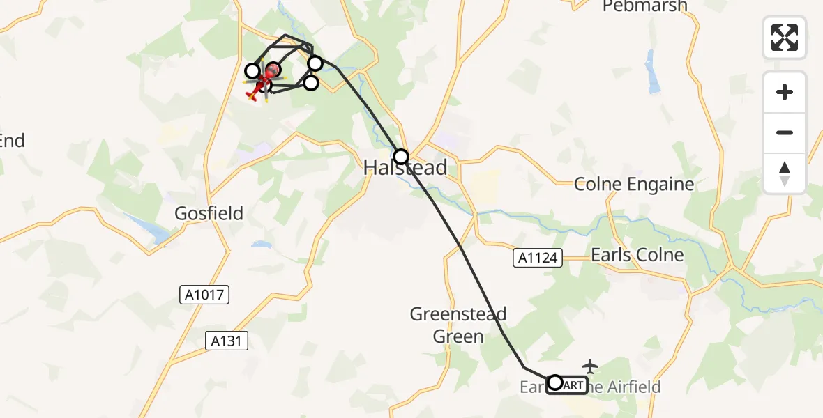 Flight route Air Ambulance Helicopter Earls Colne Airfield - Braintree, 07 June 2026, 11:55