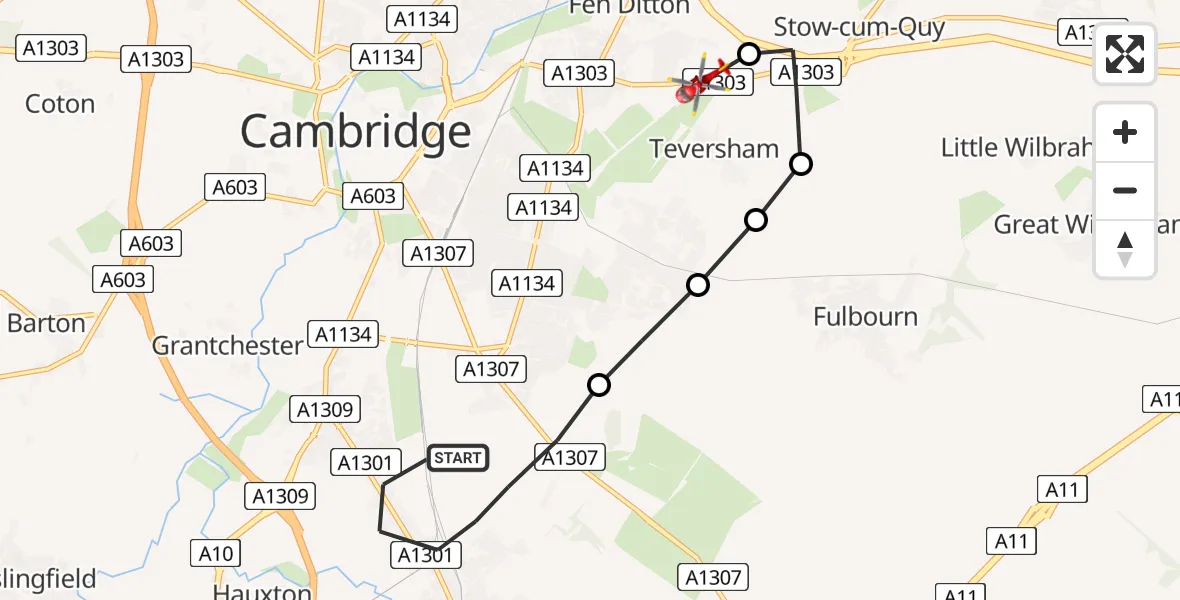 Flight route Air Ambulance Helicopter Great Shelford - Fen Ditton, 07 June 2026, 11:56