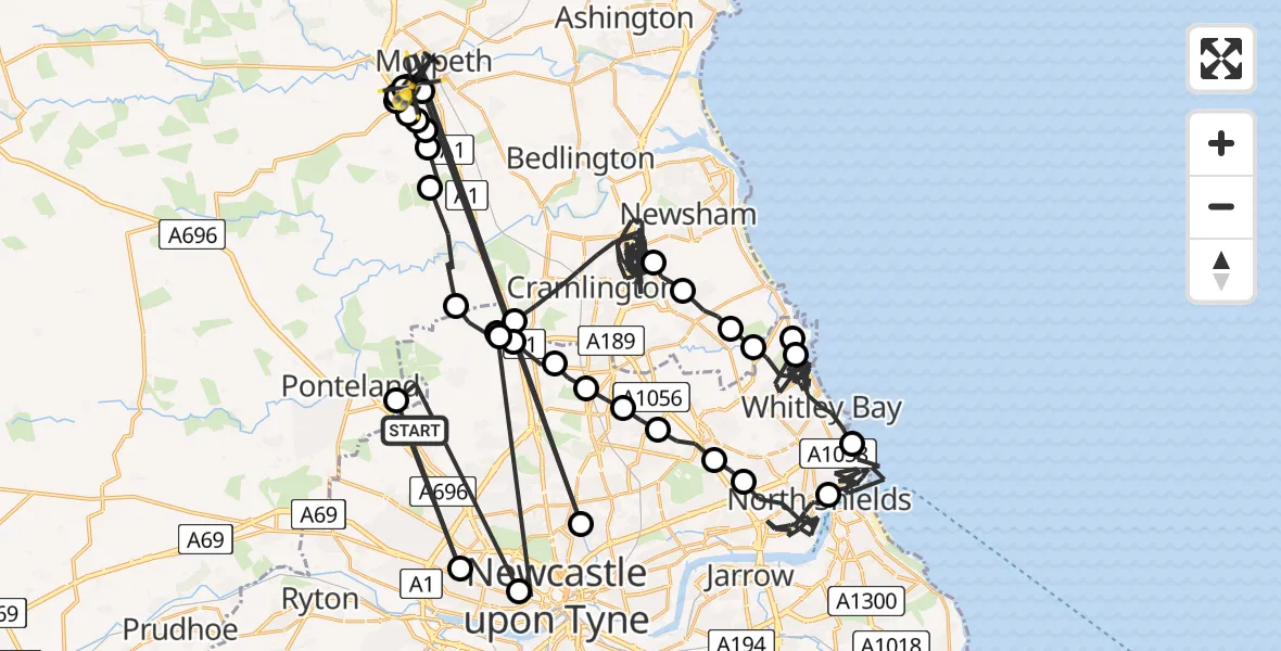 Flight route Police Helicopter Newcastle International Airport - Morpeth, 07 June 2026, 11:56