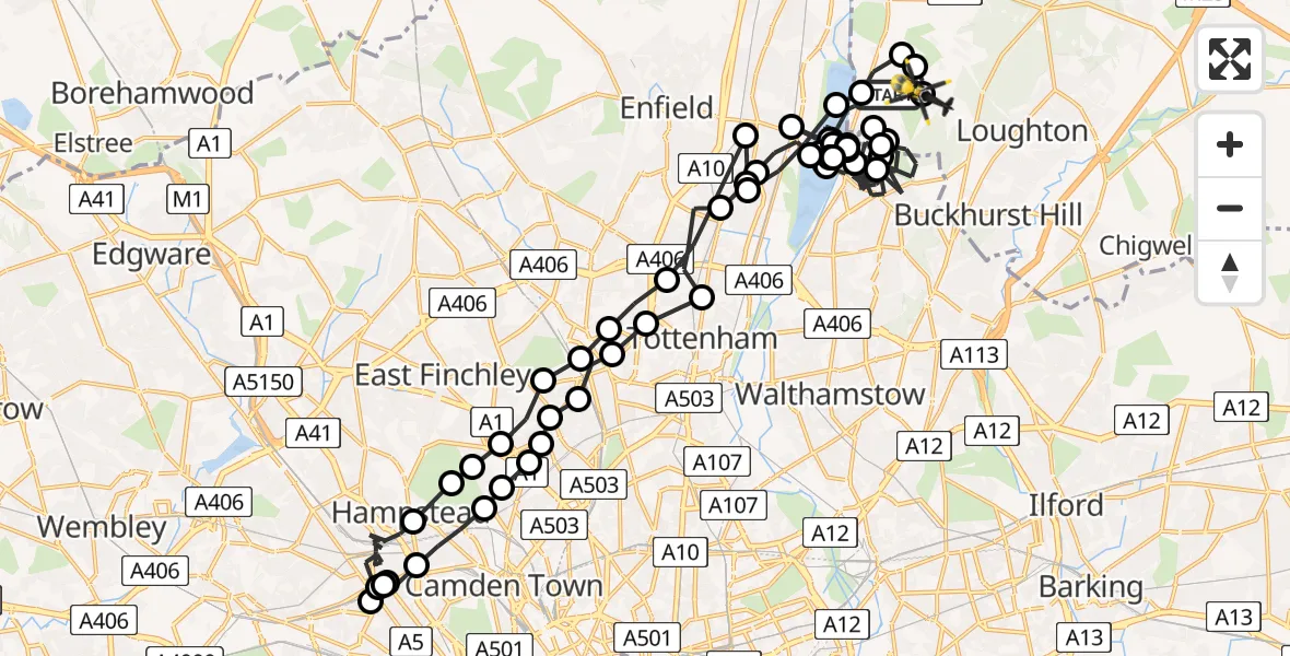 Flight route Police Helicopter Sewardstonebury - Metropolitan Police Air Support Unit Lippitts Hill, 07 June 2026, 12:02