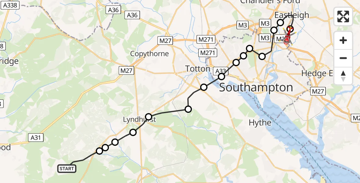 Flight route Air Ambulance Helicopter Burley - Southampton Airport, 07 June 2026, 12:07