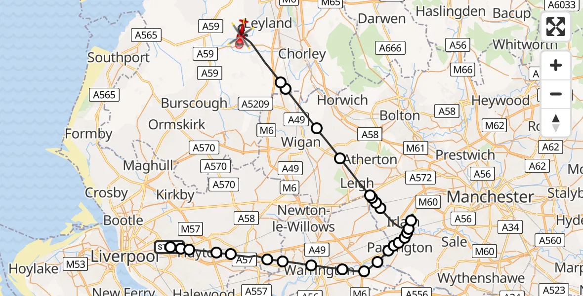 Flight route Air Ambulance Helicopter Knotty Ash - Chorley, 07 June 2026, 12:10