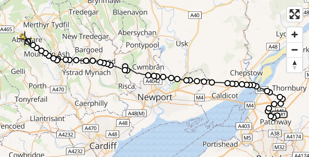 Flight route Police Helicopter Almondsbury Helicopter Base - Aberdare, 07 June 2026, 12:23