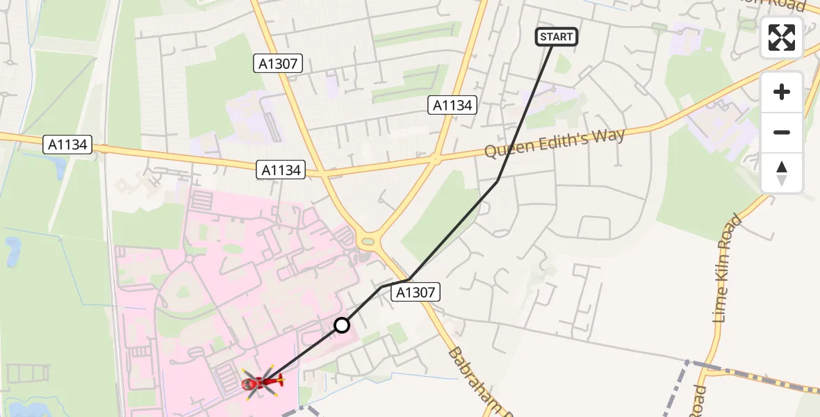 Flight route Air Ambulance Helicopter Cambridge - Addenbrooke's Hospital Helipad, 07 June 2026, 12:26