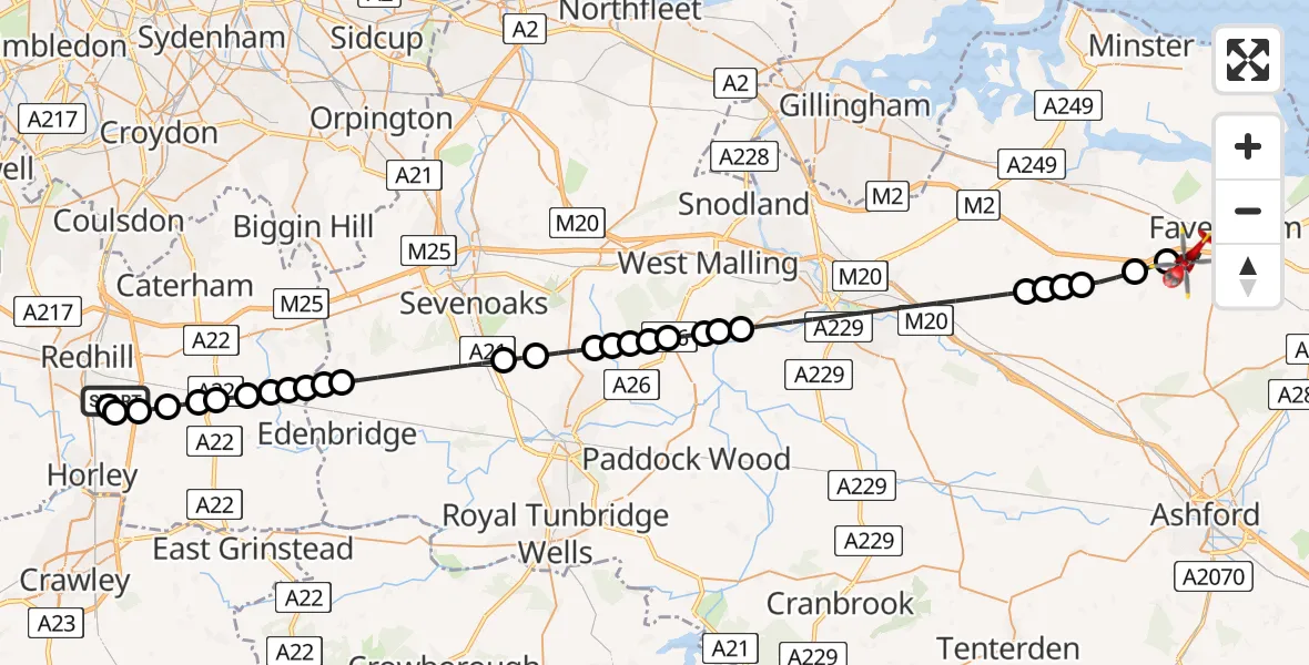 Flight route Air Ambulance Helicopter Redhill Aerodrome - Painter's Forstal, 07 June 2026, 12:29