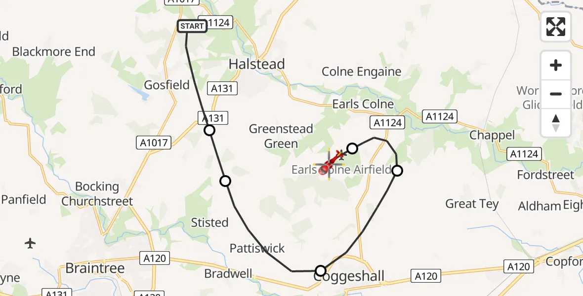 Flight route Air Ambulance Helicopter Braintree - Earls Colne Airfield, 07 June 2026, 12:42