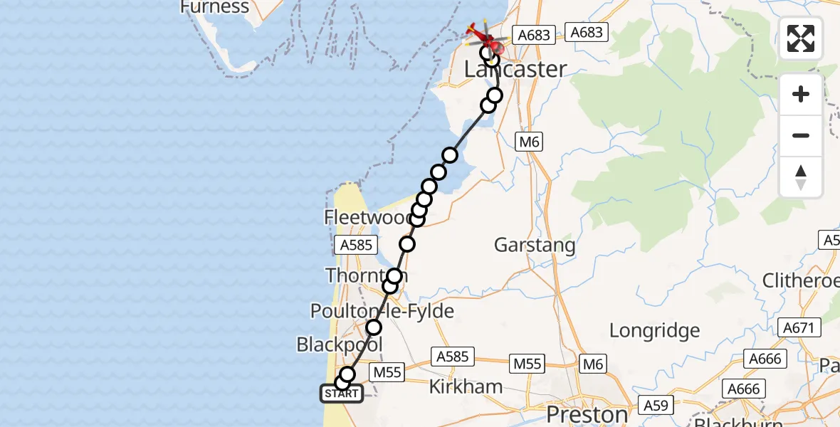 Flight route Air Ambulance Helicopter Blackpool Airport - Morecambe, 07 June 2026, 12:49