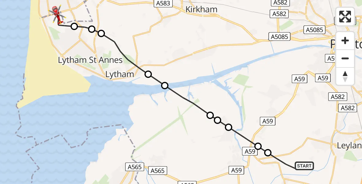 Flight route Air Ambulance Helicopter Chorley - Blackpool Airport, 07 June 2026, 12:49