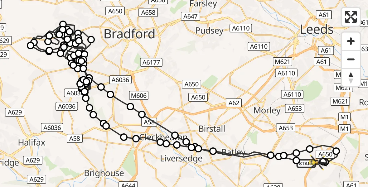 Flight route Police Helicopter East Ardsley - Brandy Carr, 07 June 2026, 12:53