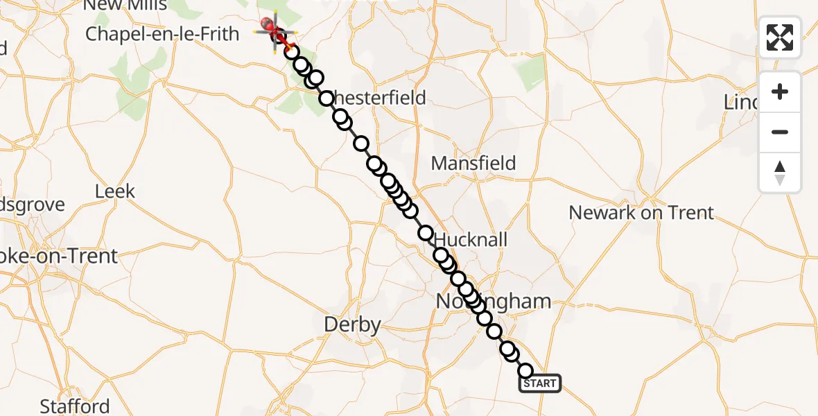 Flight route Air Ambulance Helicopter Widmerpool - Hathersage, 07 June 2026, 12:56