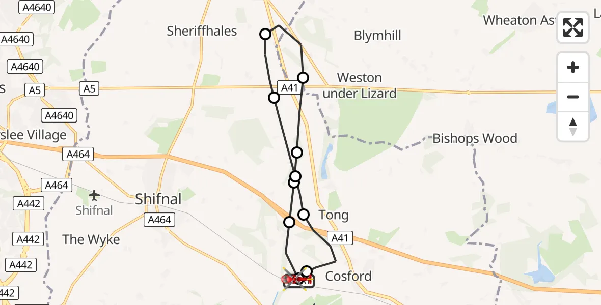 Flight route Air Ambulance Helicopter RAF Cosford - Cosford, 07 June 2026, 13:00
