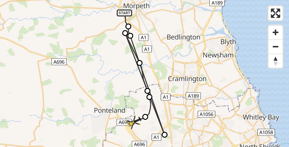 Flight route Police Helicopter Morpeth - Newcastle International Airport, 07 June 2026, 13:03