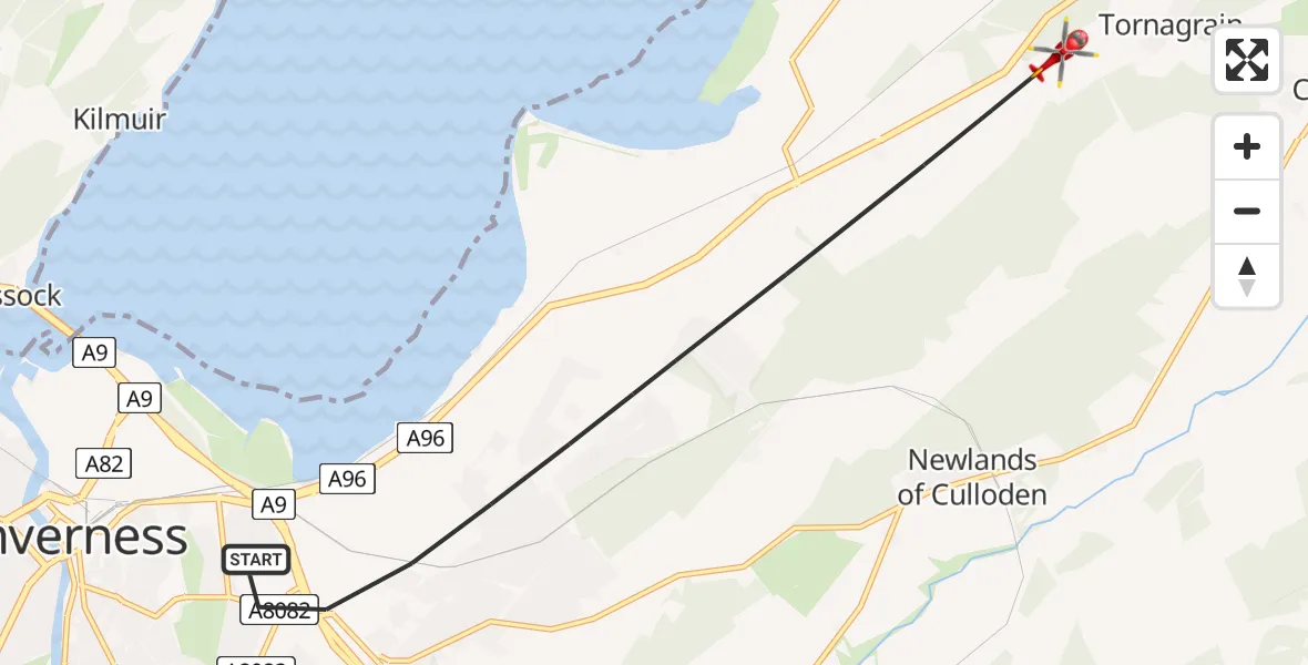Flight route Air Ambulance Helicopter Inverness - Tornagrain, 07 June 2026, 13:03