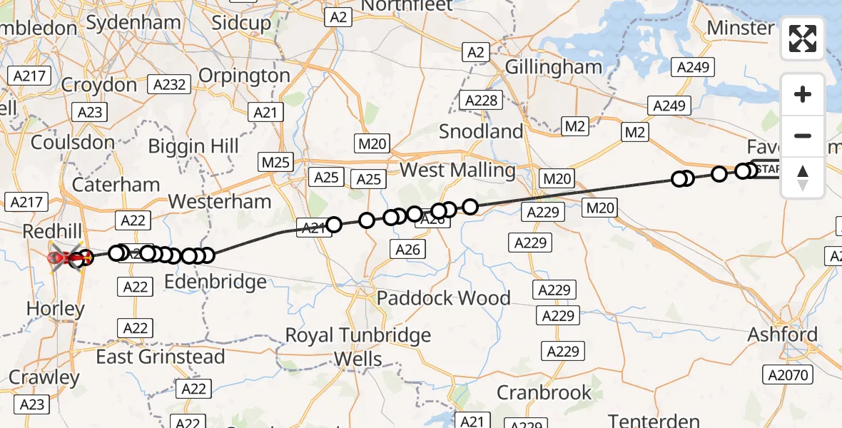 Flight route Air Ambulance Helicopter Painter's Forstal - Redhill Aerodrome, 07 June 2026, 13:13