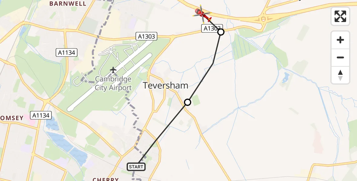 Flight route Air Ambulance Helicopter Cambridge - Fen Ditton, 07 June 2026, 13:15