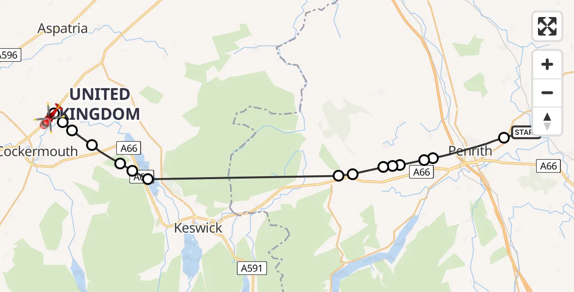 Flight route Air Ambulance Helicopter Edenhall - Blindcrake, 07 June 2026, 13:20