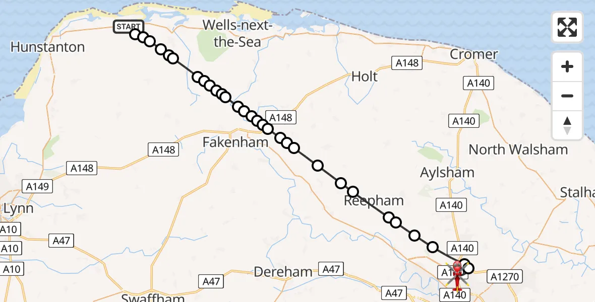 Flight route Air Ambulance Helicopter Brancaster - Norwich Airport, 07 June 2026, 13:20