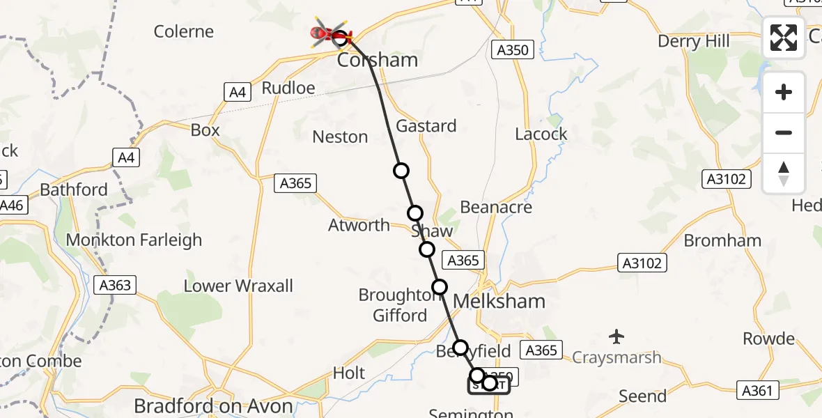 Flight route Air Ambulance Helicopter Wiltshire Air Ambulance - Biddestone, 07 June 2026, 13:22
